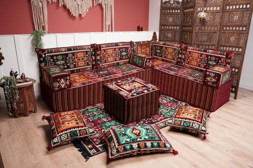 Maroon Arabic Floor Couch, L Shaped Sofa Set, Traditional Living Room Sofa, Sectional Sofa, Arabic Jalsa, Ottoman Floor Seating, Moroccan Cushion