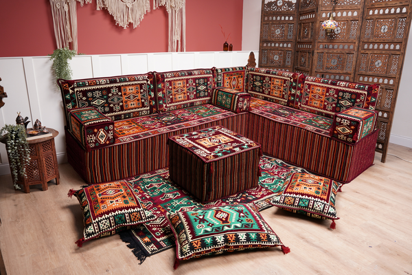 Maroon Milas Breeze: L Shaped Floor Sofa Set – Arabic Floor Seating – Moroccan Style Couch – Custom Size Floor Cushions