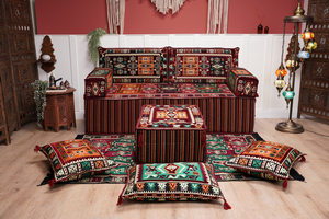 Single Maroon Turkish Sofa, Living Room Sofa with Ottoman Couch and Rug, Floor Sofa Set, Moroccan Floor Sofa, Sectional Sofa