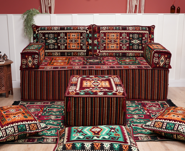 Single Maroon Turkish Sofa, Living Room Sofa with Ottoman Couch and Rug, Floor Sofa Set, Moroccan Floor Sofa, Sectional Sofa