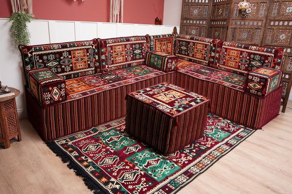 Maroon Arabic Floor Couch, L Shaped Sofa Set, Traditional Living Room Sofa, Sectional Sofa, Arabic Jalsa, Ottoman Floor Seating, Moroccan Cushion