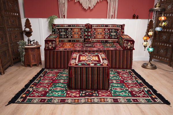 Single Maroon Turkish Sofa, Living Room Sofa with Ottoman Couch and Rug, Floor Sofa Set, Moroccan Floor Sofa, Sectional Sofa