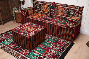 Single Maroon Turkish Sofa, Living Room Sofa with Ottoman Couch and Rug, Floor Sofa Set, Moroccan Floor Sofa, Sectional Sofa