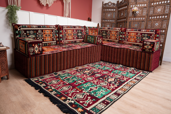 Maroon Arabic Floor Couch, L Shaped Sofa Set, Traditional Living Room Sofa, Sectional Sofa, Arabic Jalsa, Ottoman Floor Seating, Moroccan Cushion