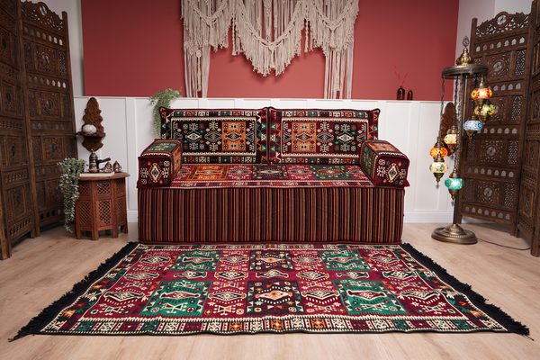 Single Maroon Turkish Sofa, Living Room Sofa with Ottoman Couch and Rug, Floor Sofa Set, Moroccan Floor Sofa, Sectional Sofa