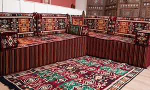 Maroon Arabic Floor Couch, L Shaped Sofa Set, Traditional Living Room Sofa, Sectional Sofa, Arabic Jalsa, Ottoman Floor Seating, Moroccan Cushion