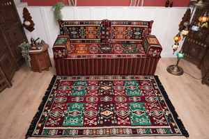 Single Maroon Turkish Sofa, Living Room Sofa with Ottoman Couch and Rug, Floor Sofa Set, Moroccan Floor Sofa, Sectional Sofa