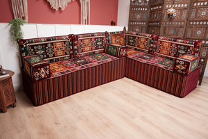 Maroon Arabic Floor Couch, L Shaped Sofa Set, Traditional Living Room Sofa, Sectional Sofa, Arabic Jalsa, Ottoman Floor Seating, Moroccan Cushion