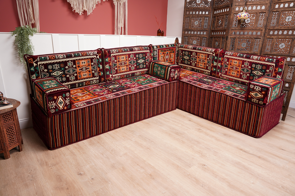Maroon Arabic Floor Couch, L Shaped Sofa Set, Traditional Living Room Sofa, Sectional Sofa, Arabic Jalsa, Ottoman Floor Seating, Moroccan Cushion
