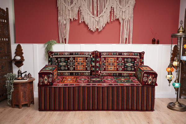 Single Maroon Turkish Sofa, Living Room Sofa with Ottoman Couch and Rug, Floor Sofa Set, Moroccan Floor Sofa, Sectional Sofa