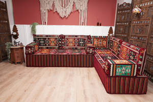 Maroon Arabic Floor Couch, L Shaped Sofa Set, Traditional Living Room Sofa, Sectional Sofa, Arabic Jalsa, Ottoman Floor Seating, Moroccan Cushion