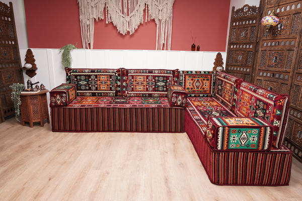 Maroon Arabic Floor Couch, L Shaped Sofa Set, Traditional Living Room Sofa, Sectional Sofa, Arabic Jalsa, Ottoman Floor Seating, Moroccan Cushion