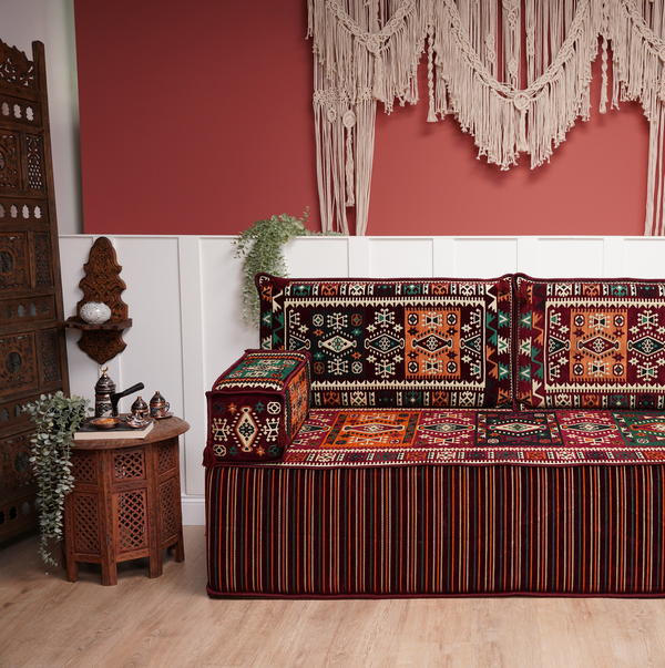 Single Maroon Turkish Sofa, Living Room Sofa with Ottoman Couch and Rug, Floor Sofa Set, Moroccan Floor Sofa, Sectional Sofa