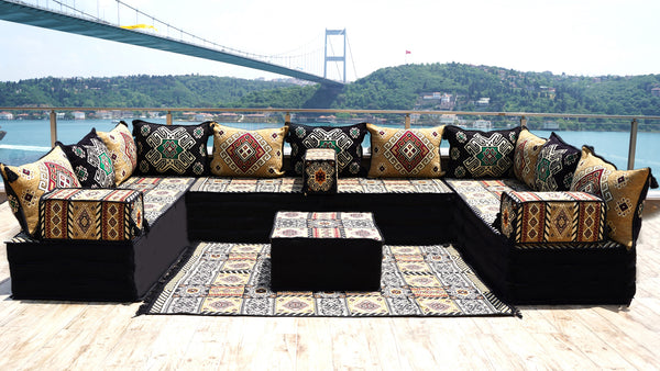 Yellow Moritania Mirage: U Shaped Floor Sofa Set – Arabic Majlis Seating – Sectional Floor Sofa – Middle Eastern Floor Sofa