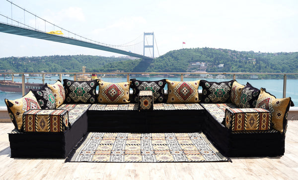 Yellow Moritania Mirage: U Shaped Floor Sofa Set – Arabic Majlis Seating – Sectional Floor Sofa – Middle Eastern Floor Sofa