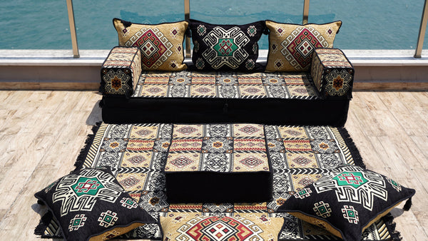Wohnzimmer-Sofa-Couches, modulares Sektionssofa mit Ottoman und Teppich, Sofabezüge, ethnisches Bodenkissen, Sofaüberzüge