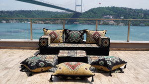 Wohnzimmer-Sofa-Couches, modulares Sektionssofa mit Ottoman und Teppich, Sofabezüge, ethnisches Bodenkissen, Sofaüberzüge