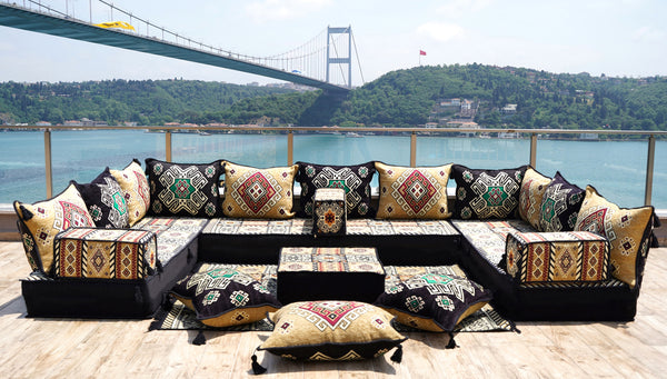 Yellow Moritania Mirage: U Shaped Floor Sofa Set – Arabic Majlis Seating – Sectional Floor Sofa – Middle Eastern Floor Sofa