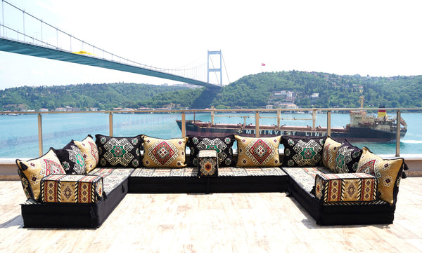 Yellow Moritania Mirage: U Shaped Floor Sofa Set – Arabic Majlis Seating – Sectional Floor Sofa – Middle Eastern Floor Sofa