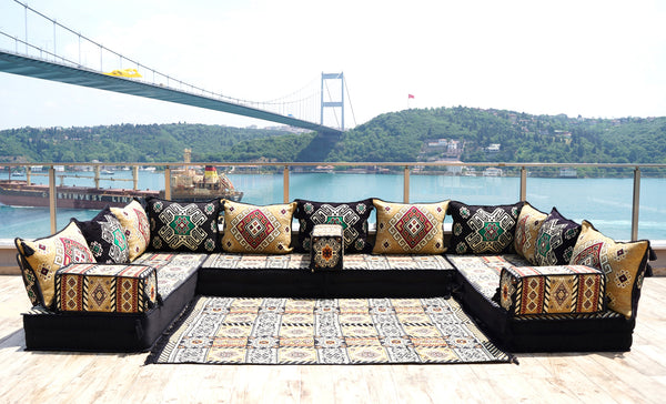 Yellow Moritania Mirage: U Shaped Floor Sofa Set – Arabic Majlis Seating – Sectional Floor Sofa – Middle Eastern Floor Sofa