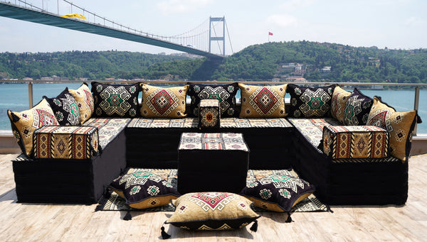 Yellow Moritania Mirage: U Shaped Floor Sofa Set – Arabic Majlis Seating – Sectional Floor Sofa – Middle Eastern Floor Sofa