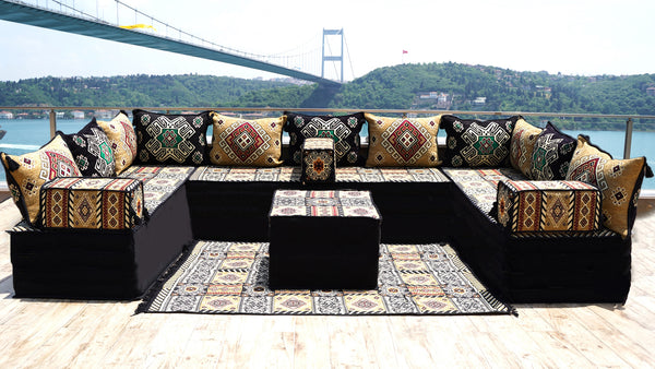 Yellow Moritania Mirage: U Shaped Floor Sofa Set – Arabic Majlis Seating – Sectional Floor Sofa – Middle Eastern Floor Sofa