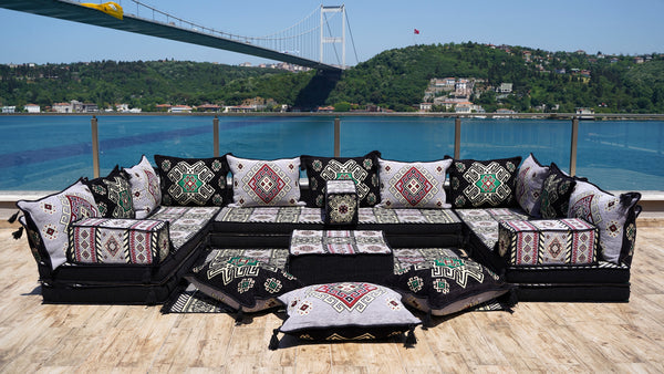 Gray Arabic Majlis, U Shaped Arabic Sofa Set, Floor Pillows, Corner Floor Sofa Seating, Floor Cushions