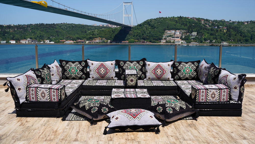 Gray Moritania Mirage: U Shaped Floor Sofa Set – Arabic Majlis Floor Seating – Traditional Turkish Sofa – Oriental Floor Seating