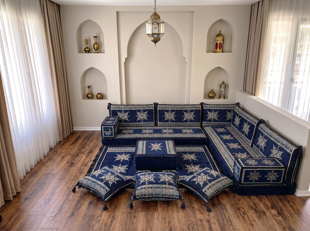 4 Zoll dickes L-Sofa-Set, arabisches Ecksofa, L-förmiges marineblaues türkisches Sofa, orientalische Bodenkissen, arabischer Majlis, traditionelles Wohnzimmersofa, arabisches Jalsa-Set