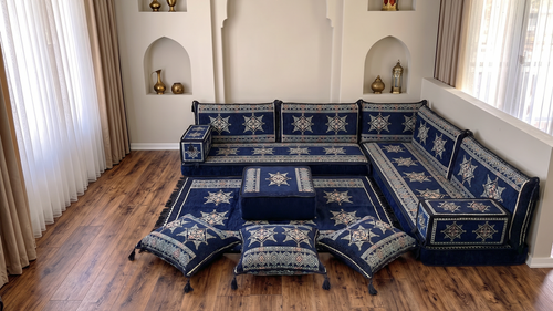 4 Zoll dickes L-Sofa-Set, arabisches Ecksofa, L-förmiges marineblaues türkisches Sofa, orientalische Bodenkissen, arabischer Majlis, traditionelles Wohnzimmersofa, arabisches Jalsa-Set