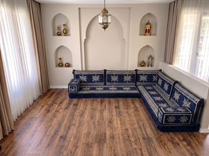 4 Zoll dickes L-Sofa-Set, arabisches Ecksofa, L-förmiges marineblaues türkisches Sofa, orientalische Bodenkissen, arabischer Majlis, traditionelles Wohnzimmersofa, arabisches Jalsa-Set