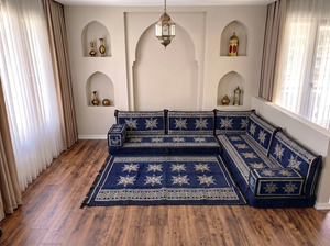 4 Zoll dickes L-Sofa-Set, arabisches Ecksofa, L-förmiges marineblaues türkisches Sofa, orientalische Bodenkissen, arabischer Majlis, traditionelles Wohnzimmersofa, arabisches Jalsa-Set
