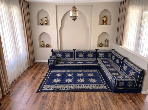 4 Zoll dickes L-Sofa-Set, arabisches Ecksofa, L-förmiges marineblaues türkisches Sofa, orientalische Bodenkissen, arabischer Majlis, traditionelles Wohnzimmersofa, arabisches Jalsa-Set