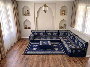 4 Zoll dickes L-Sofa-Set, arabisches Ecksofa, L-förmiges marineblaues türkisches Sofa, orientalische Bodenkissen, arabischer Majlis, traditionelles Wohnzimmersofa, arabisches Jalsa-Set