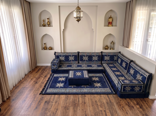 4 Zoll dickes L-Sofa-Set, arabisches Ecksofa, L-förmiges marineblaues türkisches Sofa, orientalische Bodenkissen, arabischer Majlis, traditionelles Wohnzimmersofa, arabisches Jalsa-Set