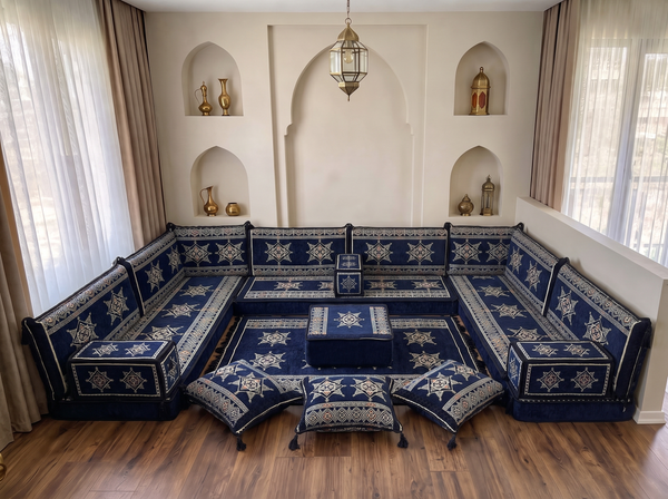 Navy Star Flare: U Shaped Floor Sofa Set – Floor Seating Sofa – Arabic Jalsa Set – Traditional Arabic Majlis Sofa