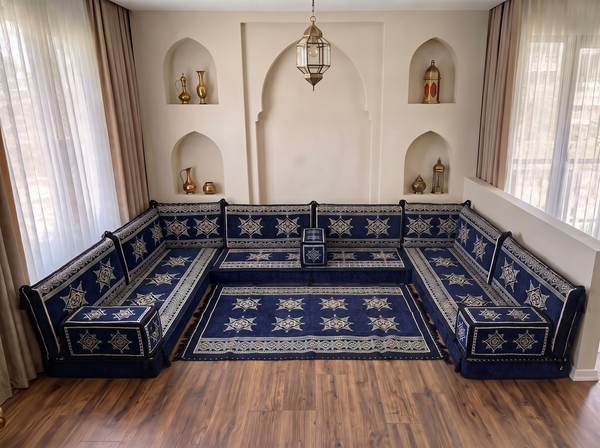 Navy Star Flare: U Shaped Floor Sofa Set – Floor Seating Sofa – Arabic Jalsa Set – Traditional Arabic Majlis Sofa