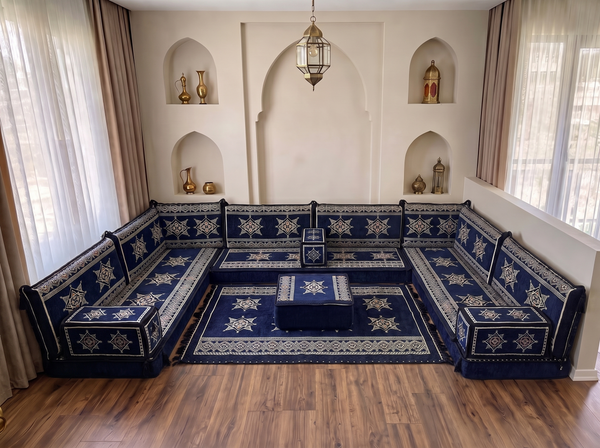 Navy Star Flare: U Shaped Floor Sofa Set – Floor Seating Sofa – Arabic Jalsa Set – Traditional Arabic Majlis Sofa