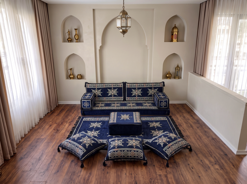 Marineblaues arabisches Sofa mit Ottomane und Teppich, Bodensitzkissen, Arabisches Jalsa-Set, Ecksofa, Arabische Sofagarnitur, Marokkanisches Sofa