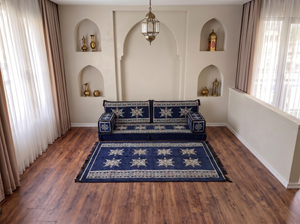 Marineblaues arabisches Sofa mit Ottomane und Teppich, Bodensitzkissen, Arabisches Jalsa-Set, Ecksofa, Arabische Sofagarnitur, Marokkanisches Sofa
