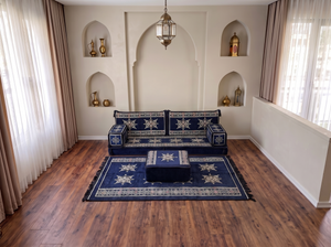 Marineblaues arabisches Sofa mit Ottomane und Teppich, Bodensitzkissen, Arabisches Jalsa-Set, Ecksofa, Arabische Sofagarnitur, Marokkanisches Sofa
