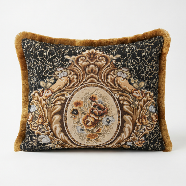 Sapphire Nocturne Bouquet: Florentine Damask Pillow Cover – Lumbar – Jacquard Embroidered