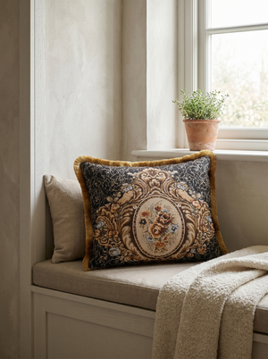 Sapphire Nocturne Bouquet: Florentine Damask Pillow Cover – Lumbar – Jacquard Embroidered