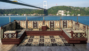 Brown Dunya Harmony: U Shaped Floor Sofa Set – Arabic Floor Cushions – Washable Moroccan Style Sofa