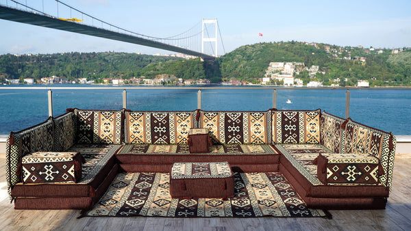Brown Dunya Harmony: U Shaped Floor Sofa Set – Arabic Floor Cushions – Washable Moroccan Style Sofa