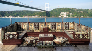 Brown Dunya Harmony: U Shaped Floor Sofa Set – Arabic Floor Cushions – Washable Moroccan Style Sofa