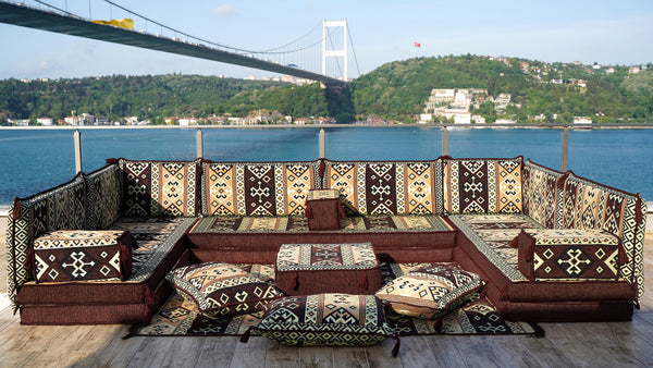 Brown Dunya Harmony: U Shaped Floor Sofa Set – Arabic Floor Cushions – Washable Moroccan Style Sofa