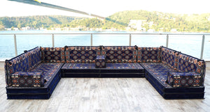 Navy Blue U Shaped Arabic Floor Sofa Set, Floor Cushions, Balcony Patio Sofas, Pallet Sofa, Ethnic Sofa, Moroccan Sofas