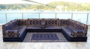 Navy Blue U Shaped Arabic Floor Sofa Set, Floor Cushions, Balcony Patio Sofas, Pallet Sofa, Ethnic Sofa, Moroccan Sofas