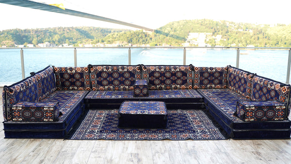Navy Blue U Shaped Arabic Floor Sofa Set, Floor Cushions, Balcony Patio Sofas, Pallet Sofa, Ethnic Sofa, Moroccan Sofas